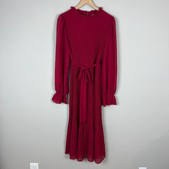 Anrabees Midi Dress XL Maroon Pleated Long Puff Sleeve Ruffle A-line Chiffon NEW - Picture 16 of 16